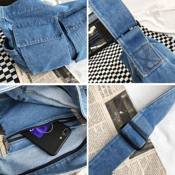 Denim Shoulder Bag Canvas Messenger Bag for Women Men Tote Bag Casual Retro Aest - Picture 6 of 8